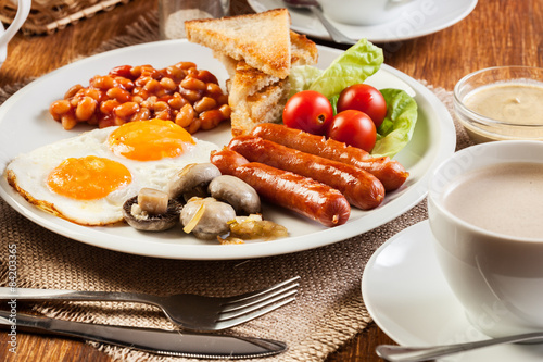 English breakfast with sausage