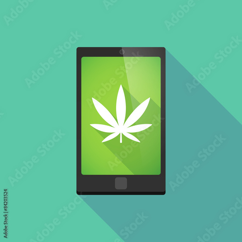 Long shadow phone icon with a marijuana leaf