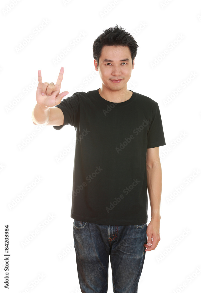 man in t-shirt with hand sign I love you