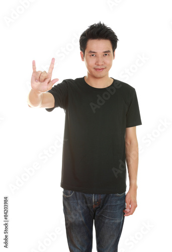 man in t-shirt with hand sign I love you