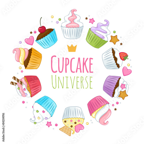 Sweet cupcakes background. Colorful illustration.
