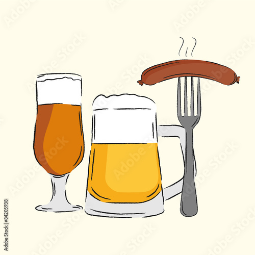Image of glasses with beer and sausages