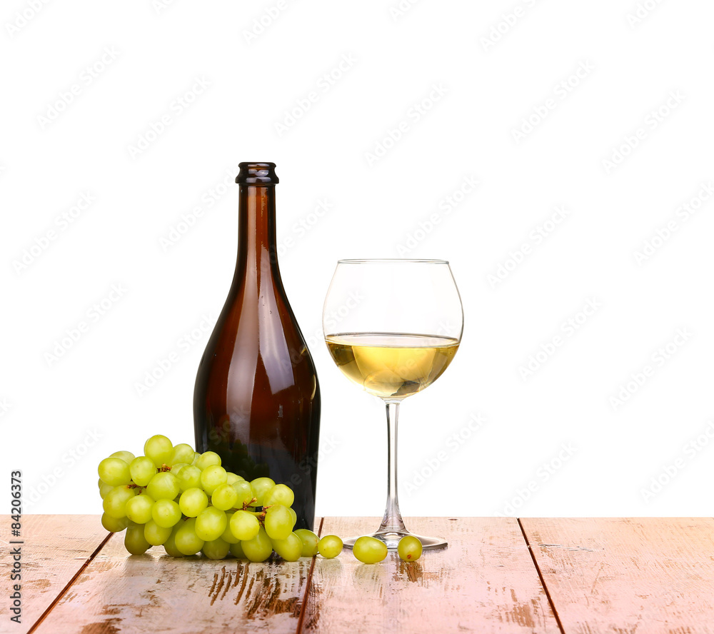 glass of wine, a glass of wine and grapes on board isolated on white background