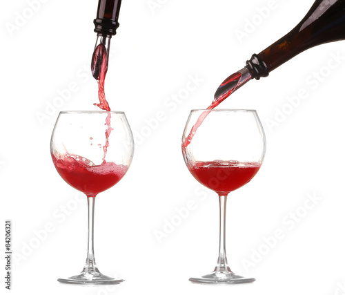collage red wine pouring into wine glass isolated