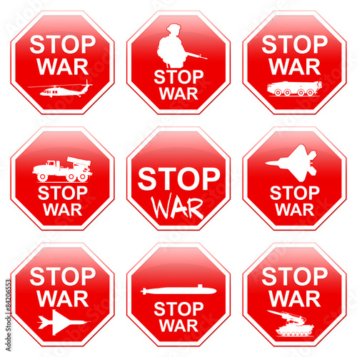 Nine signs stop war  on white background. photo