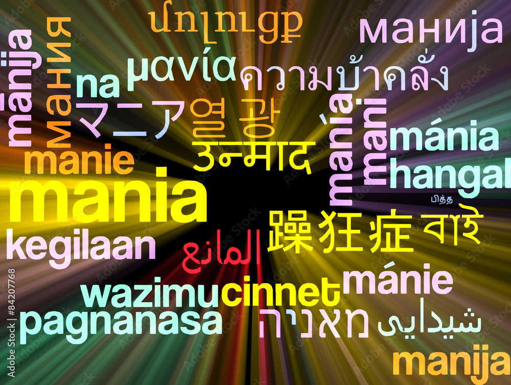Mania multilanguage wordcloud background concept glowing