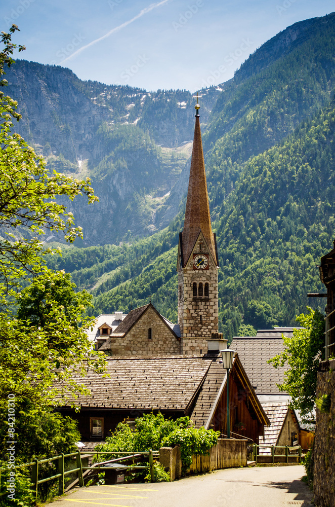 Hallstatt. Church and mountains.