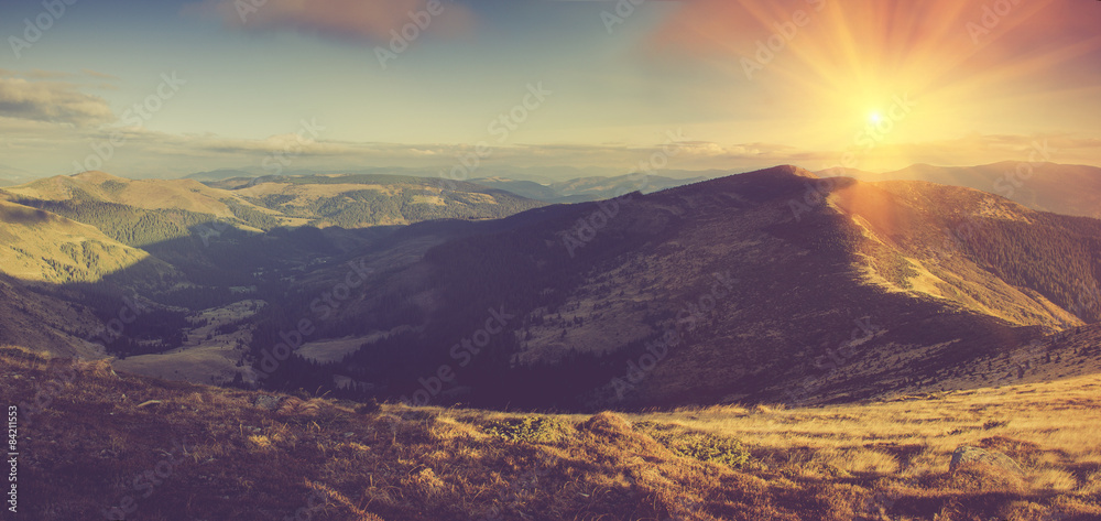 Panoramic mountain landscape in morning.