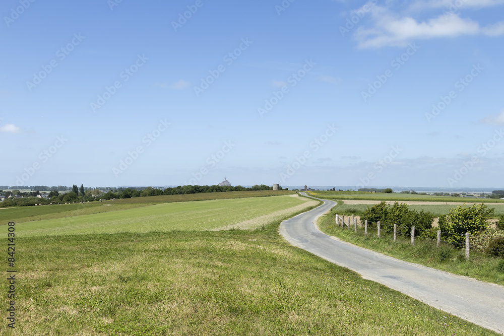 winding road on a field with Mont St Michel in the background