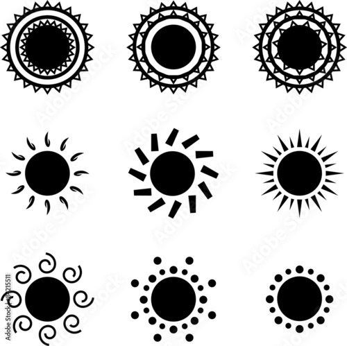 Vector black sun icons set on white background Stock Vector