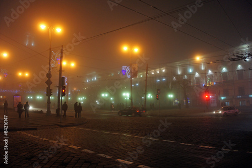 Chernivtsi at night in the fog, Ukraine