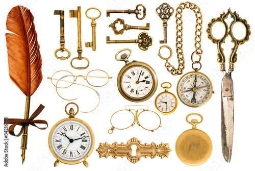 Golden vintage accessories. Antique keys, clock, glasses, scisso