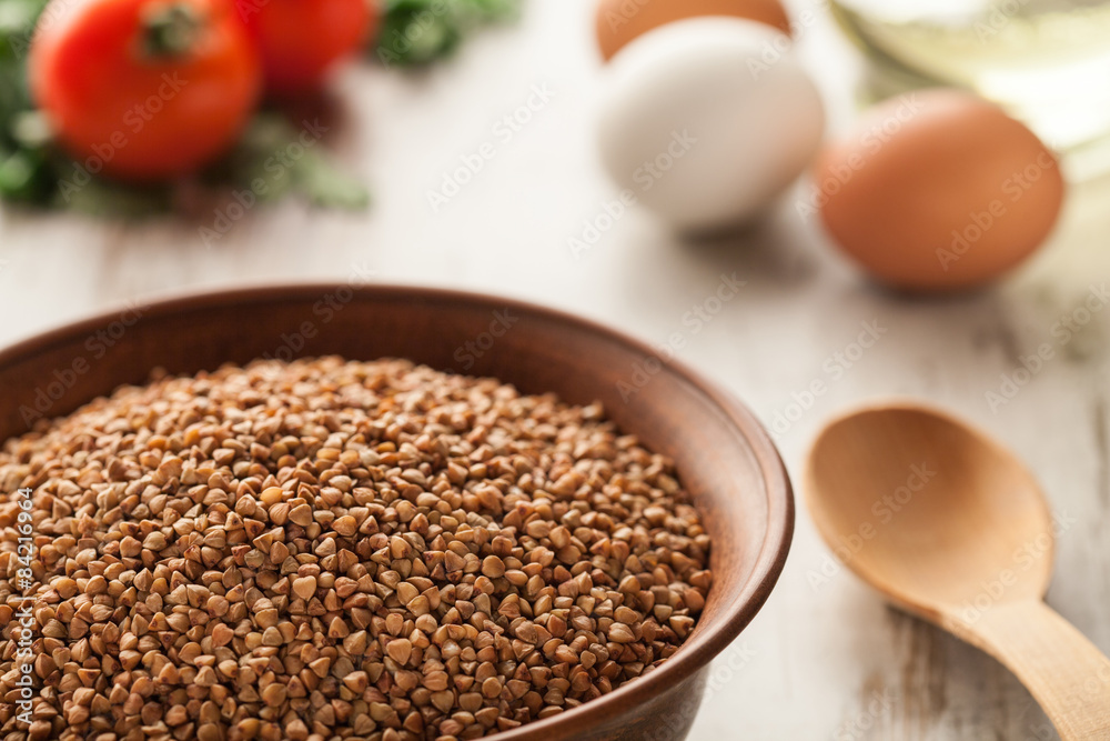 Ceramic bowl with buckwheat. Ceramic bowl with buckwheat.
