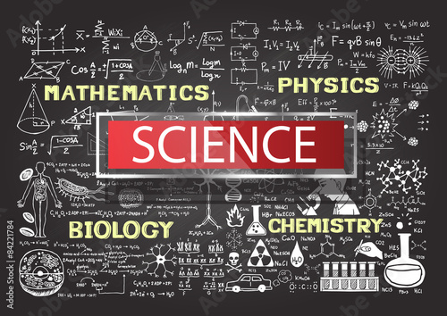 Hand drawn science on chalkboard.