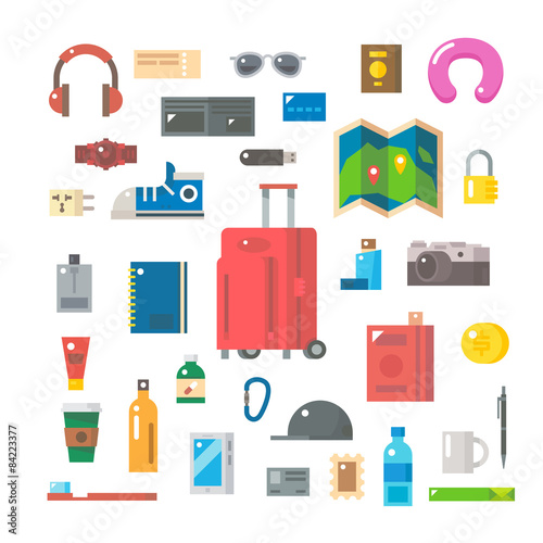 Flat design of travel items set
