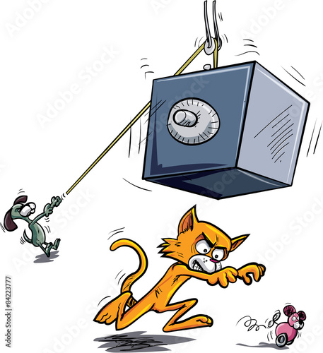 Cartoon cat about to be crushed by falling safe