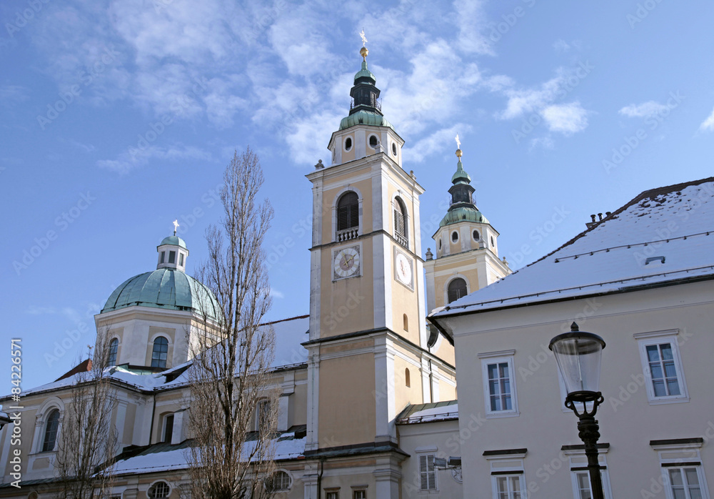 Church and Old City in Ljubljana, Slovenia