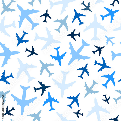 Seamless pattern with airplanes on white background. Vector.