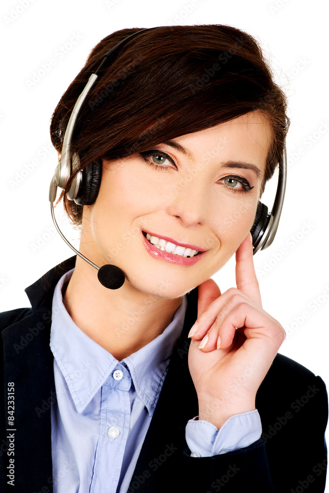 Happy smiling support phone operator.