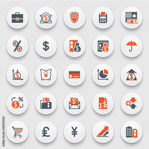 Finance and banking icons on white buttons. Flat design.