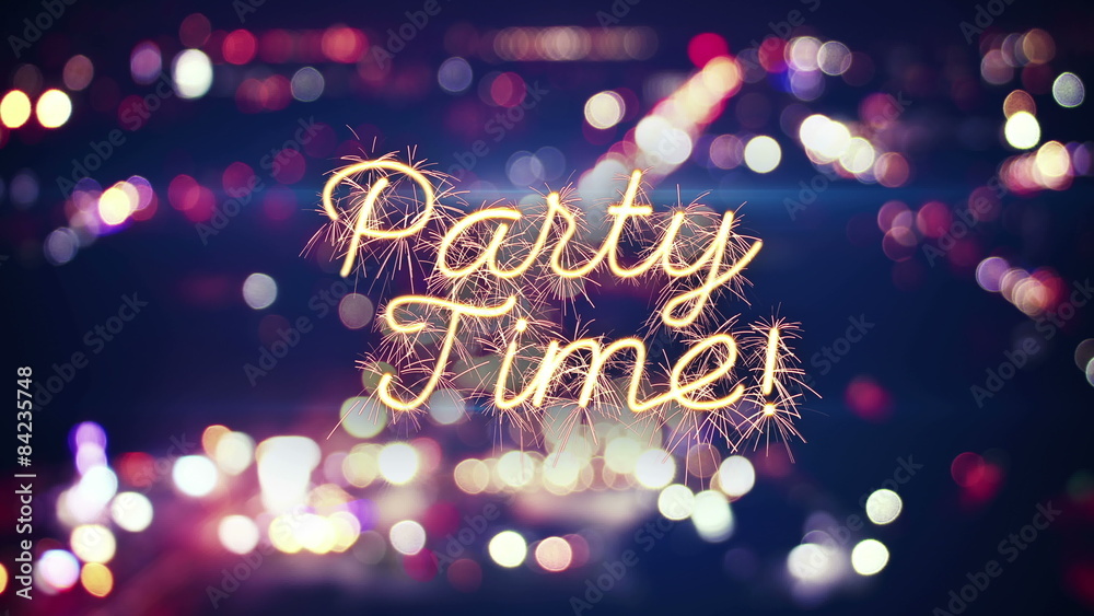 party time sparkler text and city bokeh lights 4k (4096x2304)