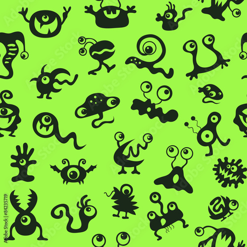 pattern seamless texture monsters UFO bacteria virus black on gr