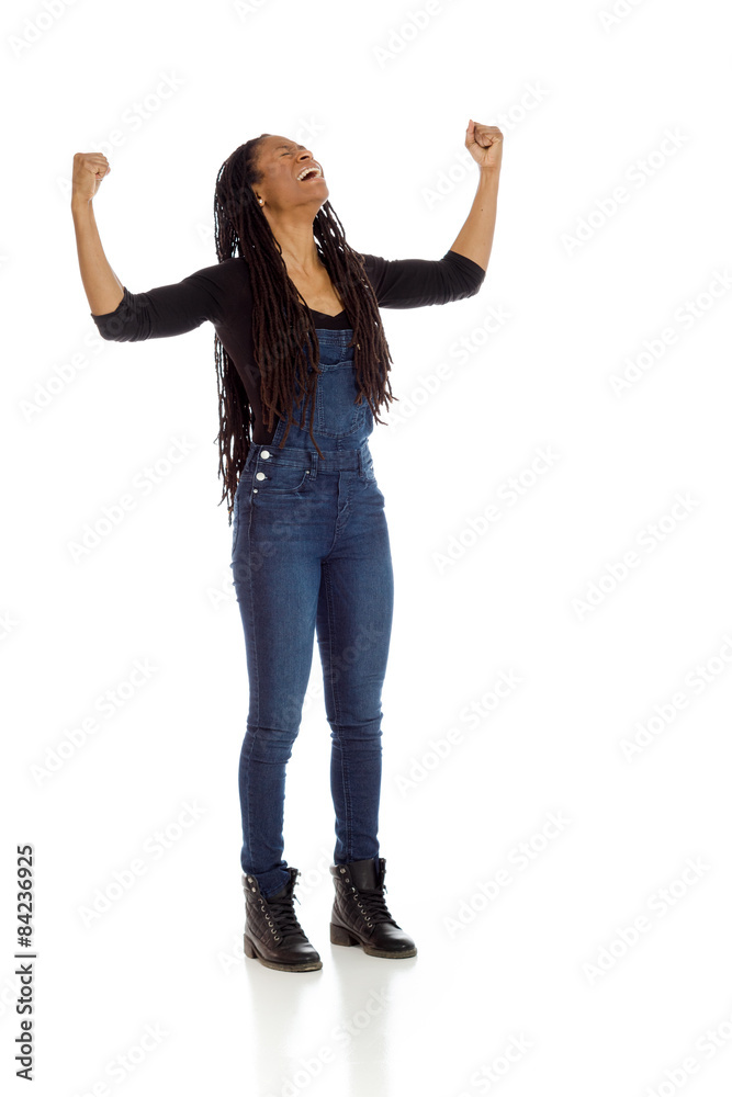 Model happy successful arms in the air Model happy successful arms in the air