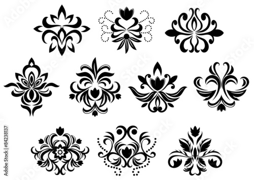 Black damask flower blossoms and patterns