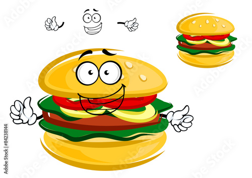 Happy tasty tempting cartoon hamburger character