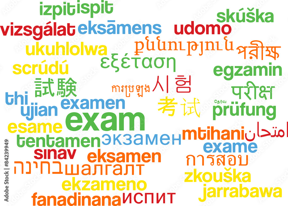 Exam multilanguage wordcloud background concept