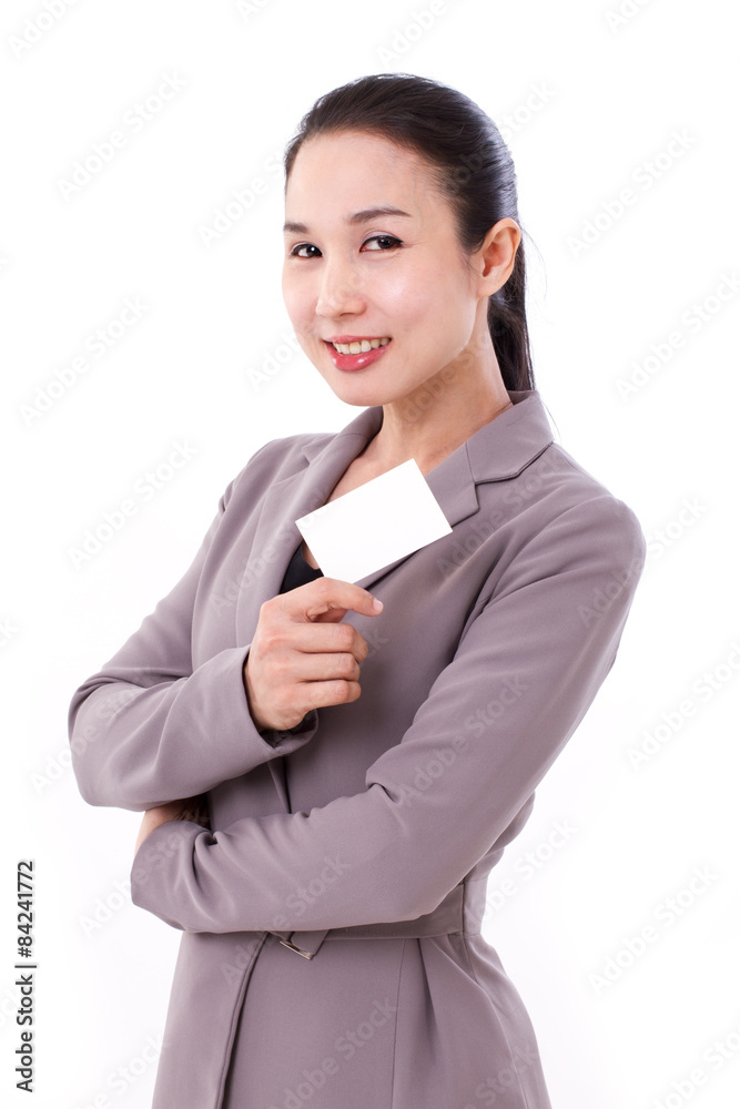 happy, smiling businesswoman holding blank card, toothy smile happy, smiling businesswoman holding blank card, toothy smile