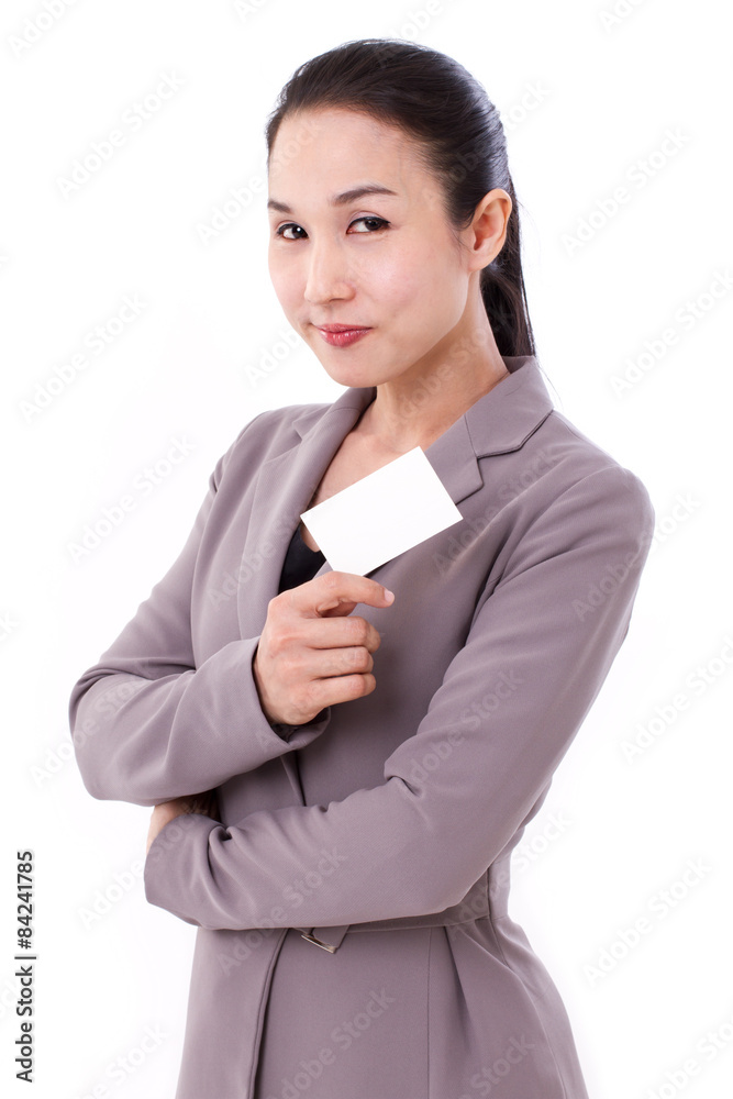 happy, smiling businesswoman holding blank card happy, smiling businesswoman holding blank card