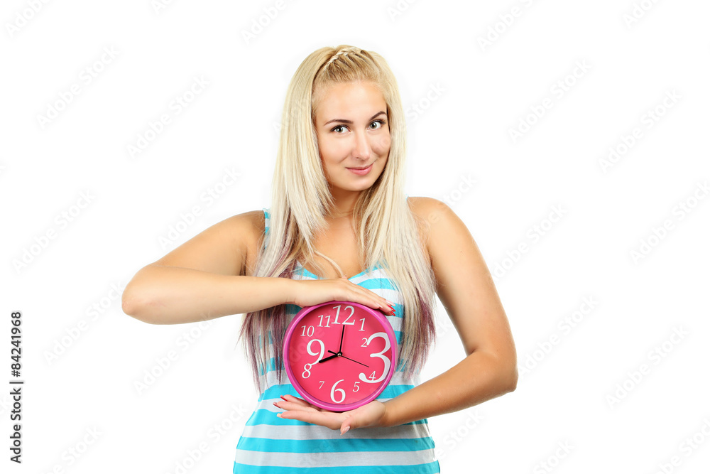 Young beautiful girl hold red watch Young beautiful girl hold red watch