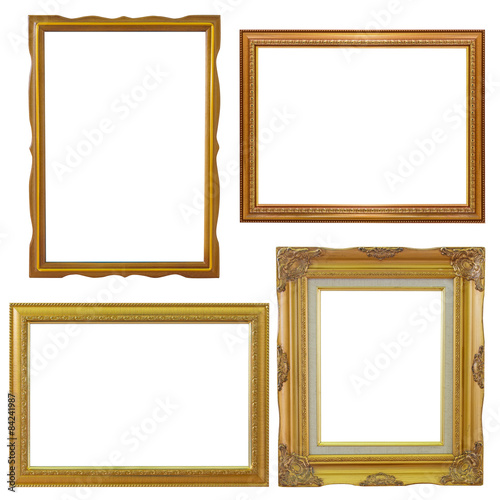 Set of golden frame and wood vintage isolated on white backgroun