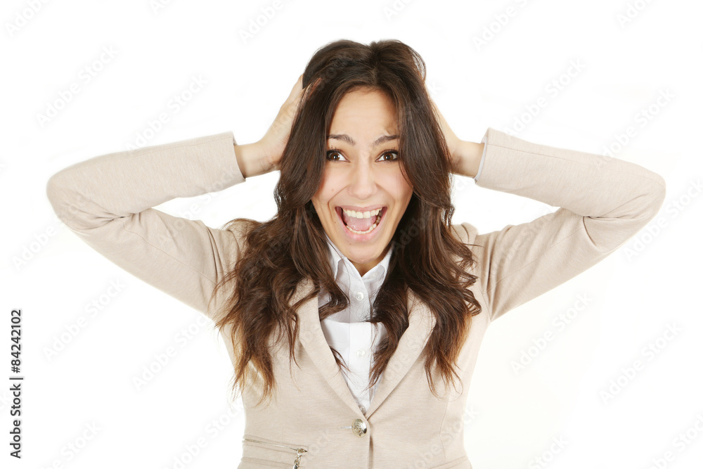 Young beautiful brunette woman keeps hair on white background Young beautiful brunette woman keeps hair on white background