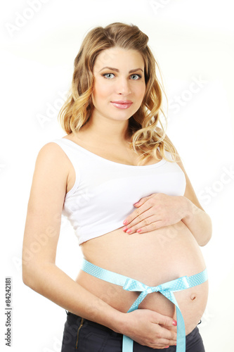 Beautiful pregnant woman with blue ribbon on white background Free Download Beautiful pregnant woman with blue ribbon on white background - GFXLoad