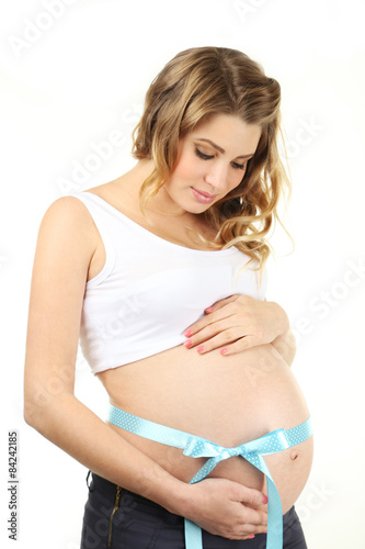 Beautiful pregnant woman with blue ribbon on white background Free Download Beautiful pregnant woman with blue ribbon on white background - GFXLoad