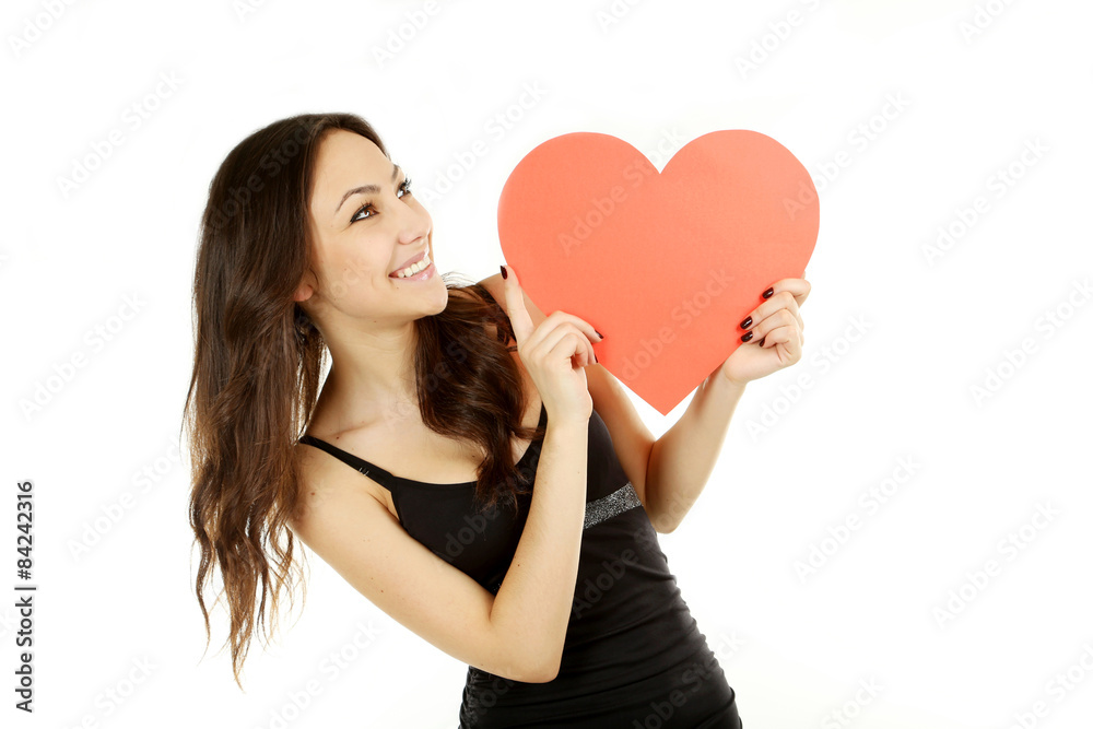 Beautiful woman with valentines day heart on white background Beautiful woman with valentines day heart on white background