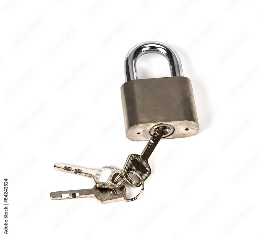 Mealic padlock with the key on white background Mealic padlock with the key on white background