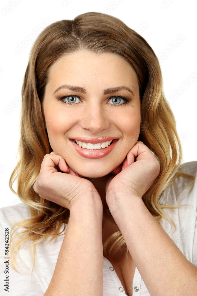 Portrait of young woman on white background Portrait of young woman on white background