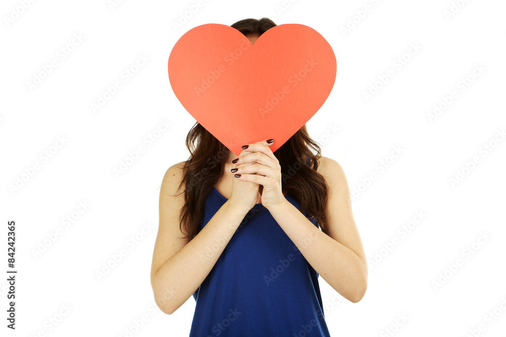 Beautiful woman holding valentines day heart on white background Beautiful woman holding valentines day heart on white background
