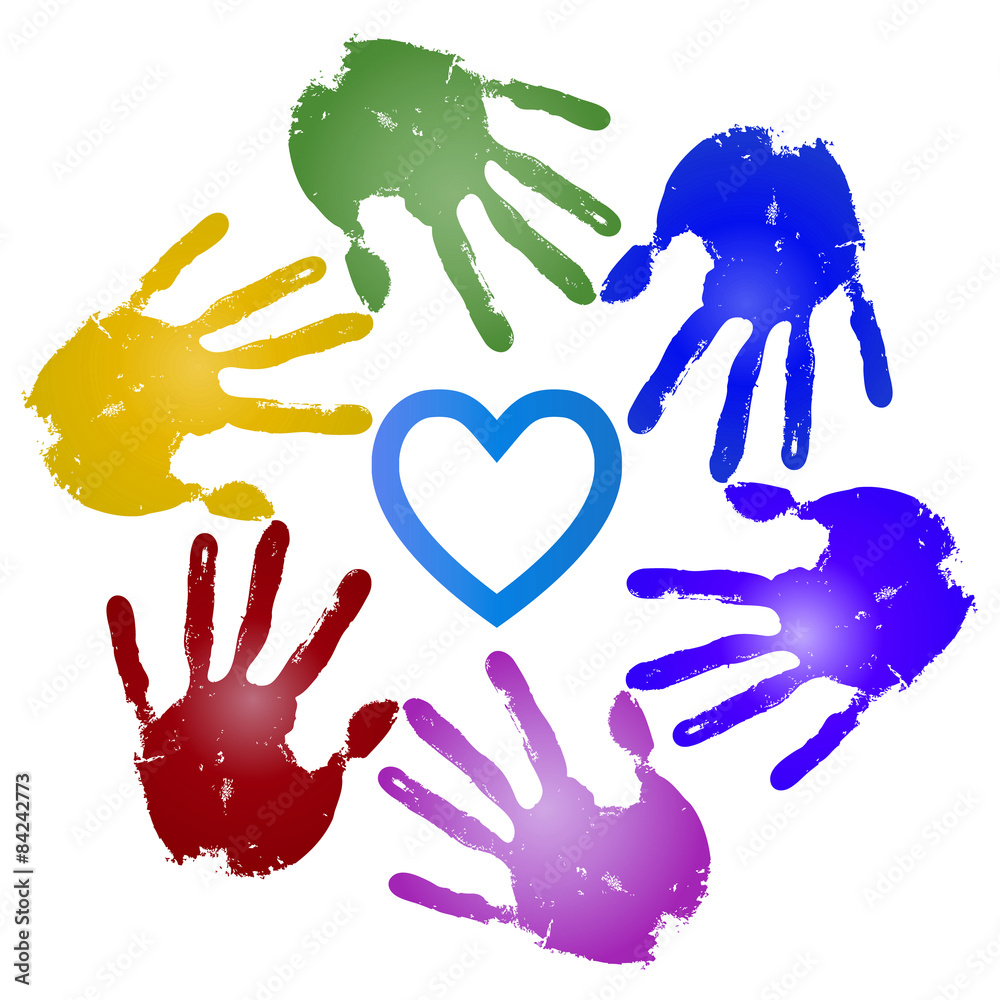 Conceptual children painted hand print and heart isolated Conceptual children painted hand print and heart isolated
