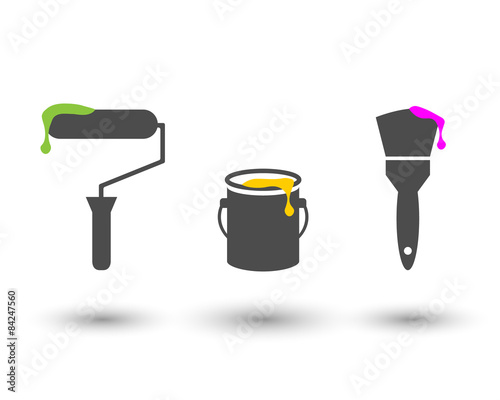 Painting tools set with roller, bucket and brush