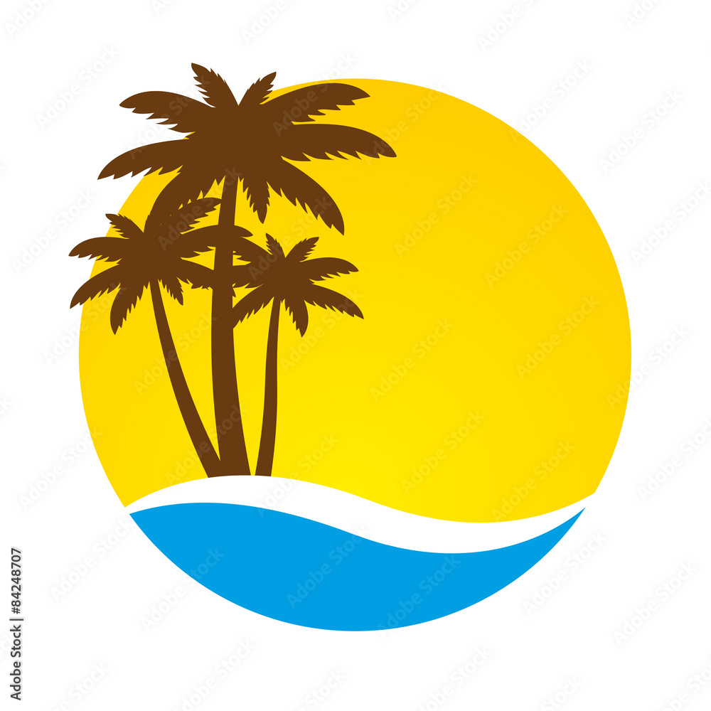 Sunset and palm trees on island, vector