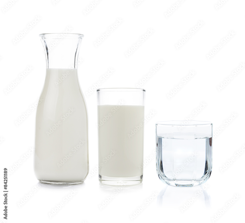 Glass and bottle of milk and drinking water on white background Glass and bottle of milk and drinking water on white background