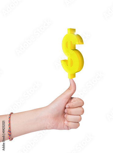 Gold dollar sign on hand Isolated on white background