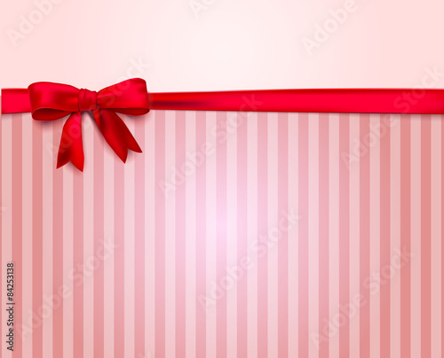 Vintage postcard with a red bow and ribbon pink background