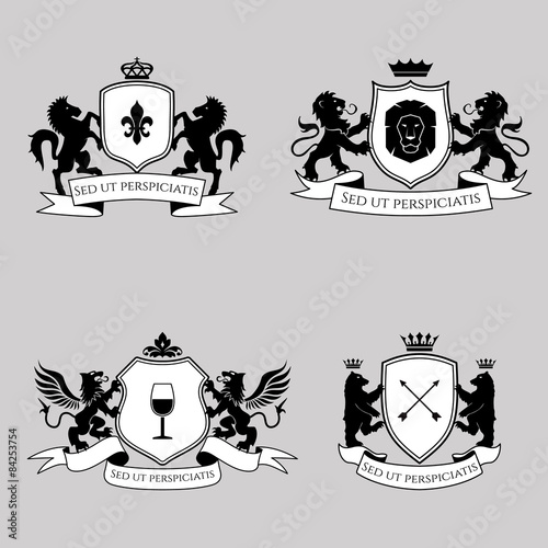 Heraldic signs, elements, insignia. Vector set