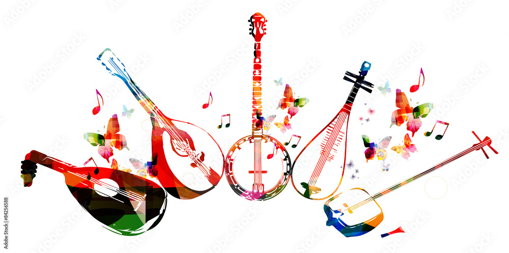 Naklejka premium Group of music instruments with butterflies