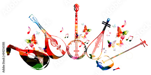Group of music instruments with butterflies
